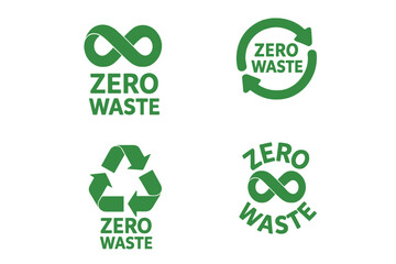 Vector illustration of ecology and environment protection symbols, including zero waste circle logos and recycling icons featuring the Mobius strip