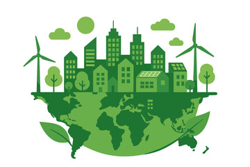 Green city concept utilizing renewable power and energy from wind farms with a cityscape over a world map in green with leaves, colored vector illustration