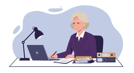 A professional woman works diligently at her desk, using a laptop and pen to create a presentation, showcasing a modern flat design for marketing and web design purposes.