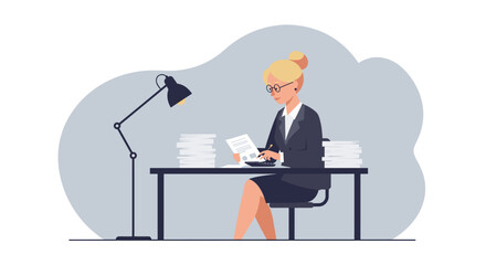 A diligent businesswoman in a suit works at her office desk, managing finances with documents and a calculator, depicted in a modern flat design.