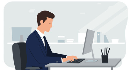 Businessman working on computer in modern office, flat design illustration perfect for landing page, banner, marketing, and presentation templates.