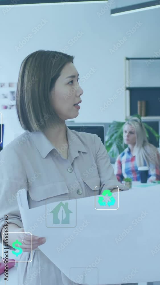 Poster animation of multiple icons over diverse architects discussing floor plan on blueprint in office