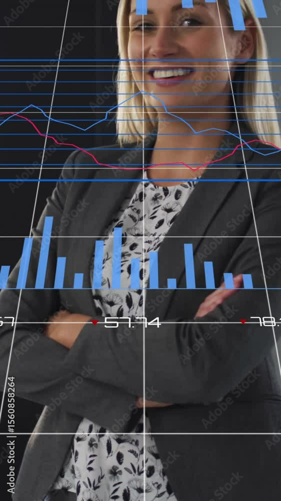 Poster animation of multiple graphs with changing numbers over smiling woman standing arms crossed