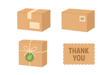 Flat vector illustration of a set of cardboard boxes, including a package delivery box and eco-friendly gift packaging with a label sticker and thank you card, representing a Thanksgiving concept