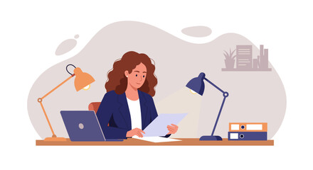 A young professional woman is diligently working at her office desk, reviewing important documents in a modern flat design illustration.