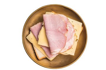 Ham and cheese sandwich, toast with sliced Prosciutto Cotto  isolated on white background. top view