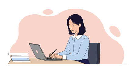 a woman seated at a desk, engrossed in work on a laptop, with a stack of books beside her. Suitable for landing page, banner, marketing, web design, presentation, infographic, etc.
