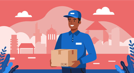 A smiling delivery person in a blue uniform holds a package, ready for shipping, set against a modern flat design city backdrop, ideal for logistics.