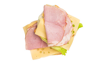 Prosciutto Cotto Ham and cheese sandwich, toast with sliced meat, cheese and lattice  isolated on white background. top view
