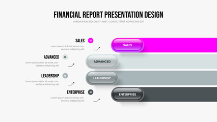 Modern Solution Four Option Infographic Frame Design. Corporate Portfolio 4 Step Diagram Slideshow Template. Advertising Analysis Slide Layout Vector Illustration.