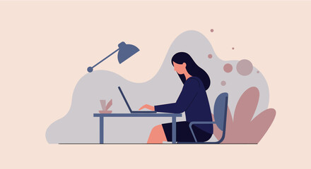 a woman sitting at a desk, working on a laptop with a lamp illuminating her workspace. Suitable for landing page, banner, marketing, web design, presentation, infographic, etc.