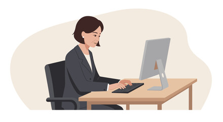 A woman in a business suit is sitting at a desk, focused on using a computer with a keyboard and a monitor. Suitable for landing page, banner, marketing, web design, presentation, infographic, etc.
