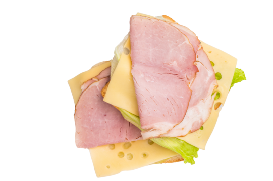 Prosciutto Cotto Ham and cheese sandwich, toast with sliced meat, cheese and lattice  isolated on white background. top view