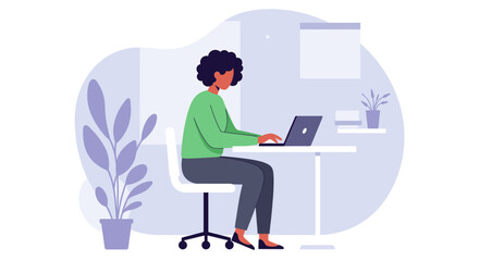 A woman works diligently on a laptop at a modern desk in a clean office setting, creating a flat design illustration for marketing and web design projects.