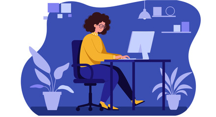 A modern flat design illustration depicts a woman diligently working on her computer at a desk in a comfortable home office environment.