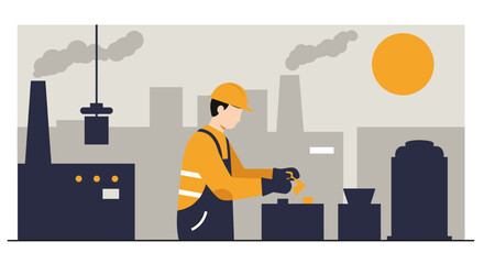 An illustrated flat design shows a factory worker in a yellow hard hat and uniform working in an industrial setting, surrounded by smokestacks and the sun, ideal for presentations.