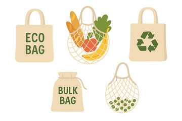 A set of flat vector illustrations featuring eco shopping net bags, including a drawing kit, tote bags, and bulk bags for grocery shopping, promoting a zero waste, plastic free, recycling, and