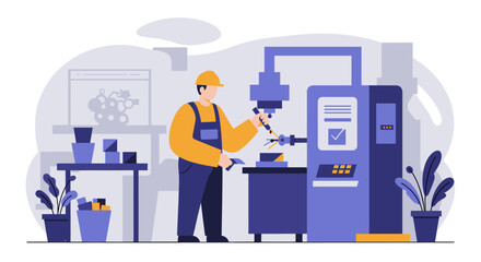 a worker in a factory setting, operating a machine with various components and a control panel. Suitable for landing page, banner, marketing, web design, presentation, infographic, etc.