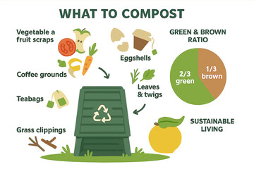 Illustration of a garden composting bin containing scraps, detailing the green and brown ratio for composting and recycling organic waste as a concept of sustainable living