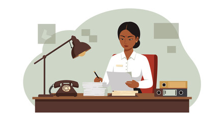 a woman seated at a desk, engrossed in paperwork, with a telephone and a stack of documents in front of her. Suitable for landing page, banner, marketing, web design, presentation, infographic, etc.
