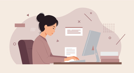 A focused woman in a mauve sweater works at her computer, creating a modern presentation in a bright, minimalist office environment, showcasing flat design.