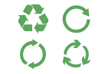 Fototapeta premium Vector illustration of isolated green recycling signs, arrow icons and environmental symbols on a white background, representing recycling