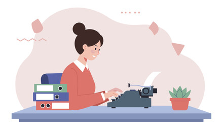 Flat design illustration of a woman typing on a vintage typewriter, perfect for marketing and web design presentations.