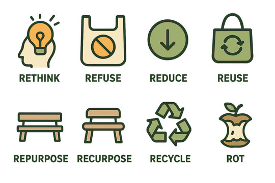 Ecology sign collection featuring symbols for Rethink, Refuse, Reduce, Reuse, Repurpose, Recycle, Repair and Rot, also known as the Zero Waste icon set