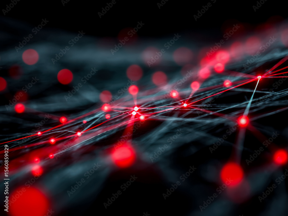 Poster abstract network of red lights connected by lines on a dark background