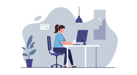 A woman works at a computer in a modern, minimalist office, creating a presentation or infographic for a marketing campaign or website landing page.