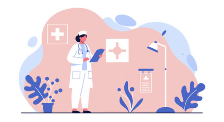 A female doctor in a white coat is standing in her office, holding a clipboard, with medical equipment and plants around, perfect for a health landing page.