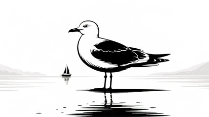 A black and white silhouette illustration of a seagull standing on one leg. The bird is drawn in a minimalist style with clean lines and sharp edges.