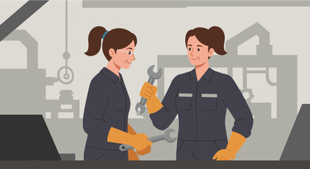 A flat design illustration depicts two female mechanics collaborating with tools in a modern industrial setting, representing teamwork.