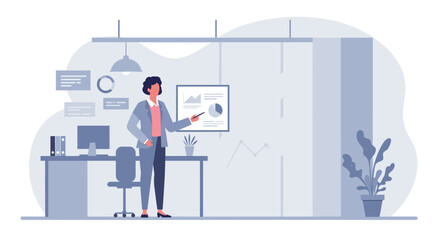 A businesswoman presents data on a whiteboard in a modern office, showcasing a flat design infographic for a marketing presentation, ideal for a landing page.