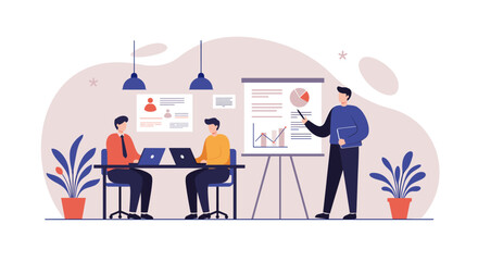 A business professional delivers a presentation to colleagues in a modern office setting, ideal for marketing materials and web design landing pages, showcasing teamwork.
