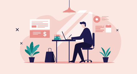 A professional man is diligently working on his laptop at a modern desk, surrounded by digital elements in a clean, flat design illustration style.
