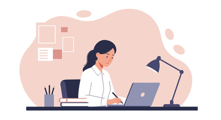 Young businesswoman working on laptop at desk, creating marketing landing page banner design, flat illustration for web presentation.