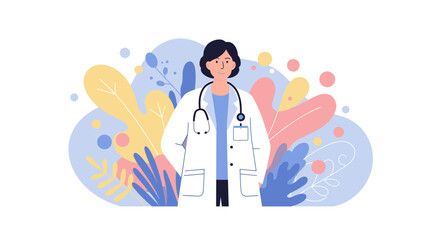 A vector illustration depicts a female doctor in a white coat with a stethoscope, set against a backdrop of colorful abstract floral elements, perfect for a website banner.