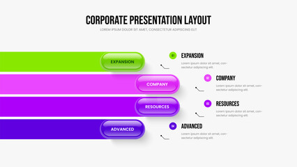 Marketing Overview Presentation Layout Vector Illustration. Company Performance Four Step Infographic Frame Template. Enterprise Plan 4 Option Diagram Slide Design.