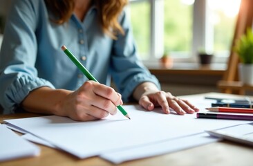 Cropped view of woman writing by pencil on white sheet.