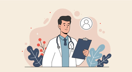 a smiling doctor in a white coat holding a clipboard, surrounded by plants and a medical symbol. Suitable for landing page, banner, marketing, web design, presentation, infographic, etc.