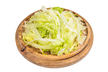 Fresh green iceberg lettuce salad sliced leaves isolated on white background. top view