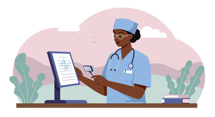 Flat vector illustration of a female doctor analyzing patient data on a computer screen in her office, perfect for landing pages and marketing materials.