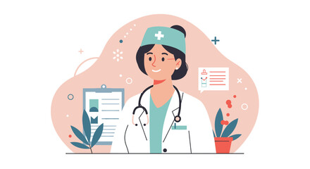 Friendly female doctor in flat design, perfect for medical websites, presentations or marketing materials.  A cheerful illustration for healthcare landing pages and banners.