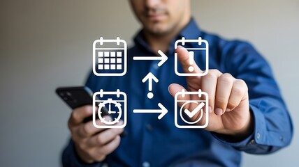 Person interacting with digital calendar workflow icons hand blue