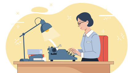a woman seated at a desk, typing on a typewriter with a lamp illuminating her workspace. Suitable for landing page, banner, marketing, web design, presentation, infographic, etc.