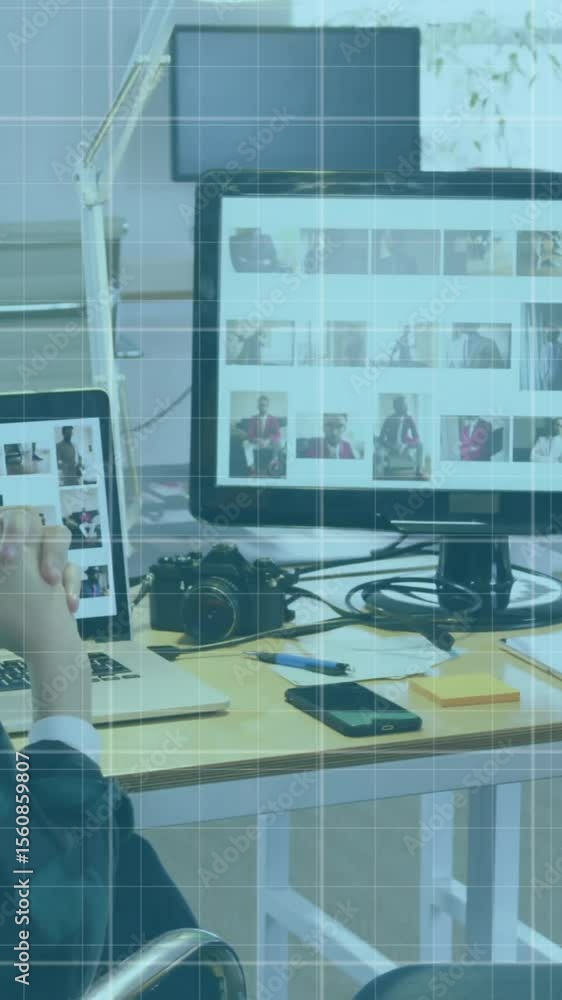 Aufkleber animation of growing graphs and grid pattern over diverse coworkers discussing on desk in office