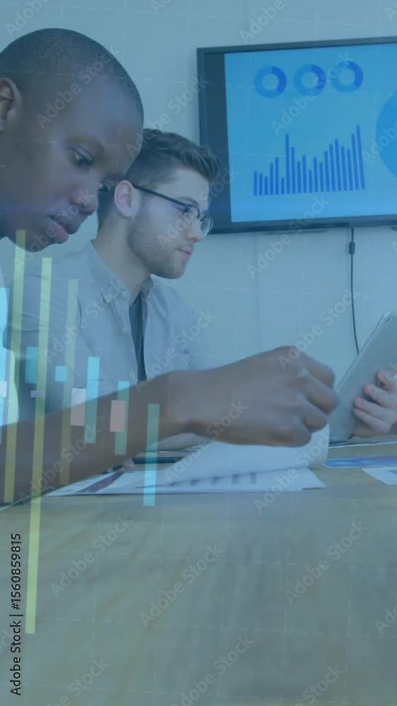 Poster animation of graphs moving over diverse colleagues analyzing sales report on desk in meeting