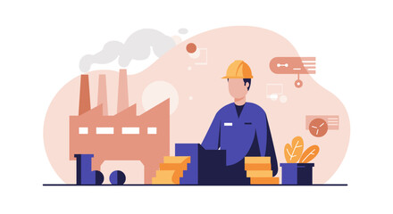 Modern flat design illustration of a factory worker overseeing production and industrial processes on a landing page banner.