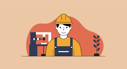 a man wearing a hard hat, standing in front of a machine with a plant to his right. Suitable for landing page, banner, marketing, web design, presentation, infographic, etc.